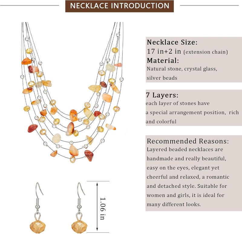Errally Store Multi-Layer Boho Shell Beaded Necklace for Women Colorful Crystal Strand with Silver Beads Statement Collars Necklace and Earrings Costumes Jewelry Sets for Women - Image 5